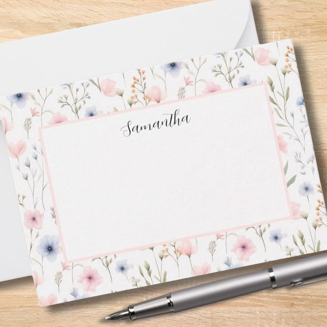 Blue Pink Floral Personalized  Note Card (Creator Uploaded)