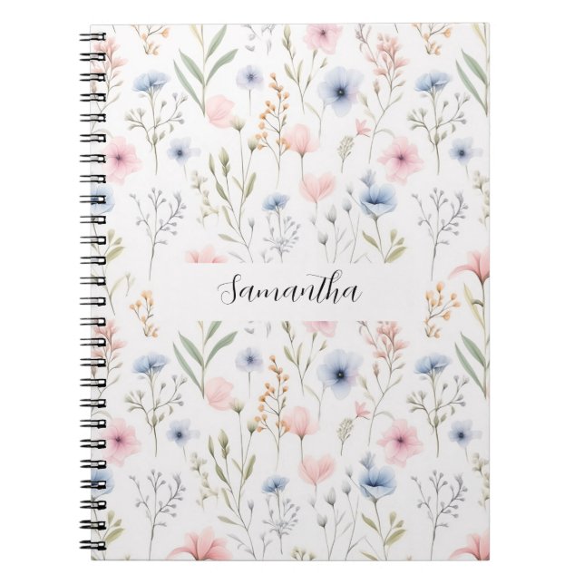 Blue Pink Floral Personalized  Notebook (Front)