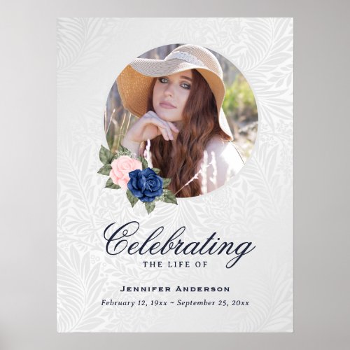 Blue Pink Floral Photo Memorial Funeral Sign