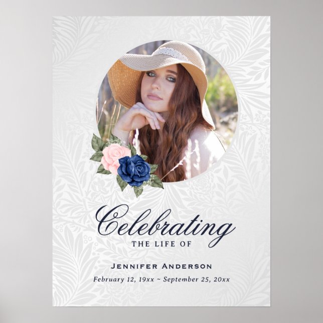 Blue Pink Floral Photo Memorial Funeral Sign (Front)