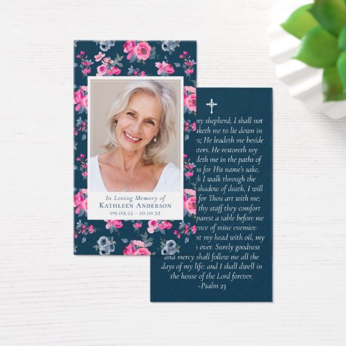 Blue Pink Floral Photo Memorial Prayer Card