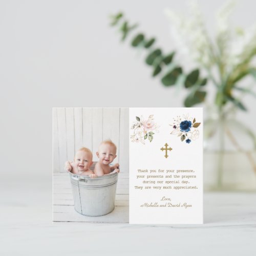 Blue Pink Floral Photo Twins Gold Cross Baptism  Thank You Card