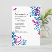 Blue, Pink Floral Quinceañera Invitation (Standing Front)