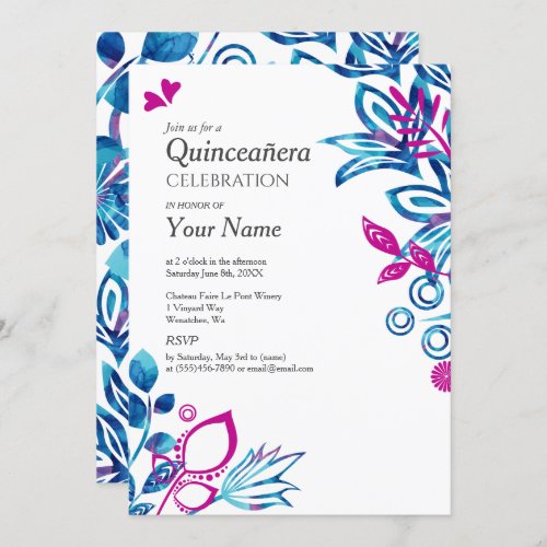 Blue Pink Floral Quinceaera Invitation