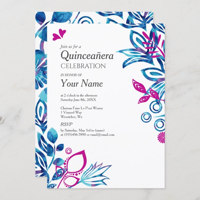 Blue, Pink Floral Quinceañera Invitation (Front/Back)