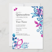 Blue, Pink Floral Quinceañera Invitation (Front)
