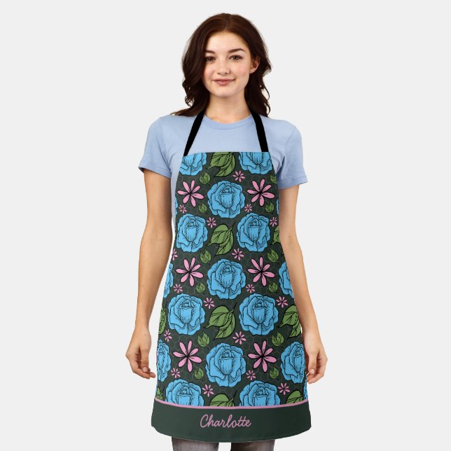 Blue pink floral seamless pattern personalized  apron (Worn)
