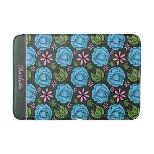 Blue pink floral seamless pattern personalized bath mat
