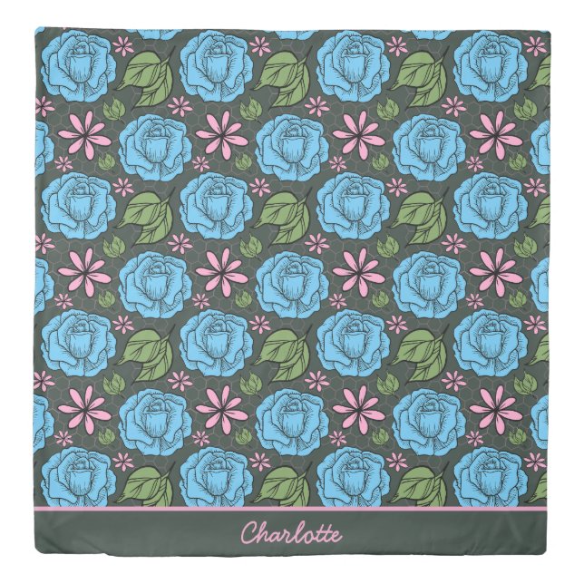 Blue pink floral seamless pattern personalized duvet cover (Front)