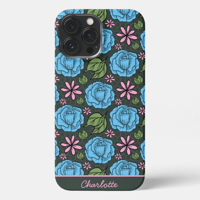 Blue pink floral seamless pattern personalized iPhone case (Back)