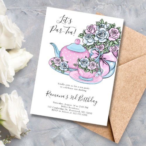 Blue Pink Floral Tea Party Birthday Party Invitation