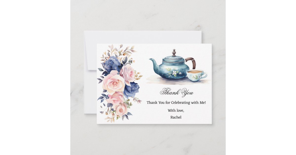 Blue & Pink Floral Tea Party Bridal Shower Thank You Card | Zazzle