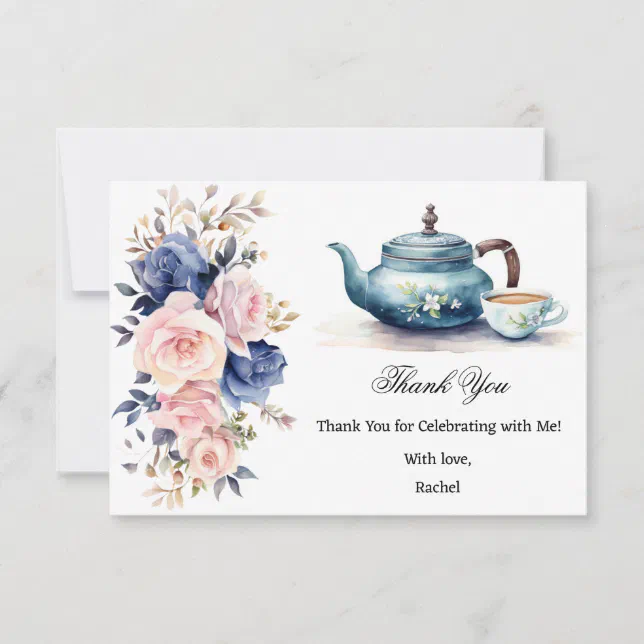 Blue & Pink Floral Tea Party Bridal Shower Thank You Card | Zazzle