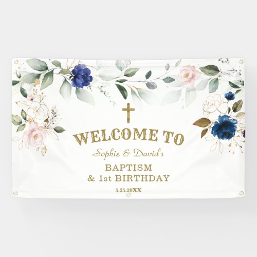 Blue Pink Floral Twins First Birthday Welcome Sign