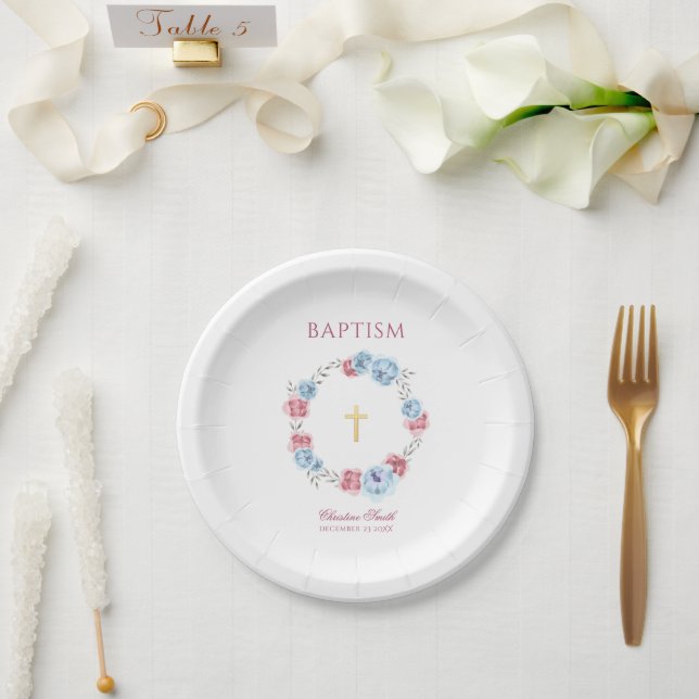 Blue Pink Floral Watercolor Baptism Christening Paper Plates (Wedding)