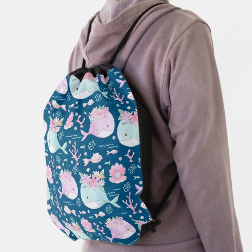 Blue Pink Floral Whales Kids Drawstring Bag