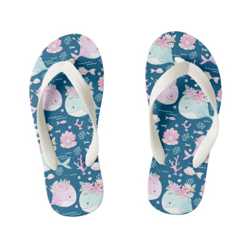 Blue Pink Floral Whales Kids Flip Flops