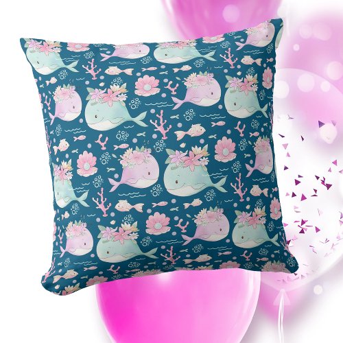 Blue Pink Floral Whales Kids Throw Pillow