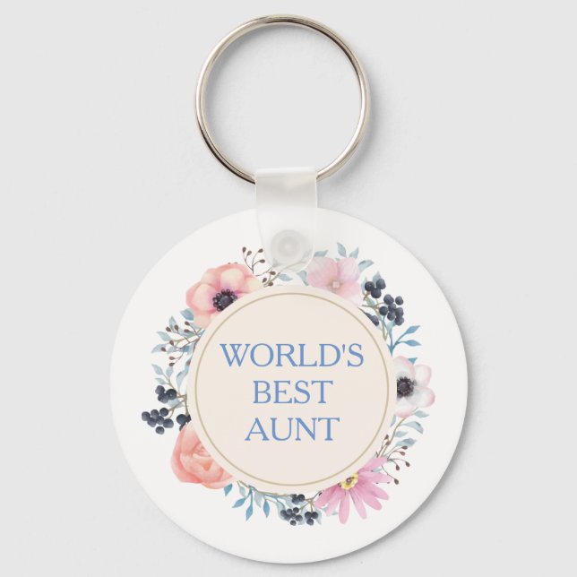 Blue Pink Floral White World's Best Aunt Keychain (Front)