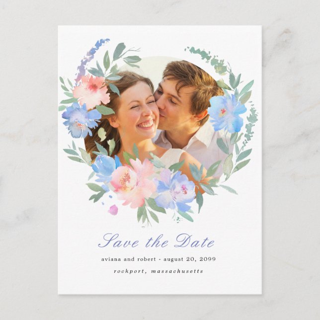 Blue Pink Floral Wreath Wedding Save the Date Announcement Postcard (Front)