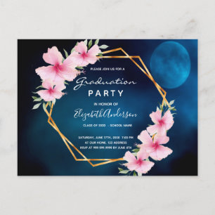 Blue pink florals graduation party invitation postcard