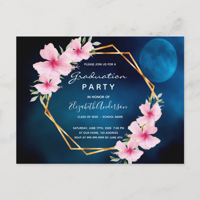 Blue pink florals  graduation party invitation postcard (Front)