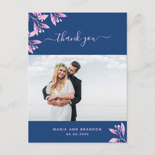 Blue pink florals photo wedding thank you postcard