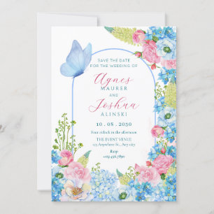 Blue pink flower bloom butterfly wedding invitation