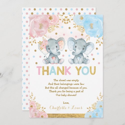 Blue Pink Flower Elephant Boy Girl Baby Shower Thank You Card