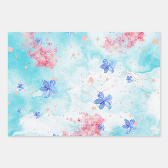 Blue pink flower pattern decoupage elegant wrapping paper sheets (Front)