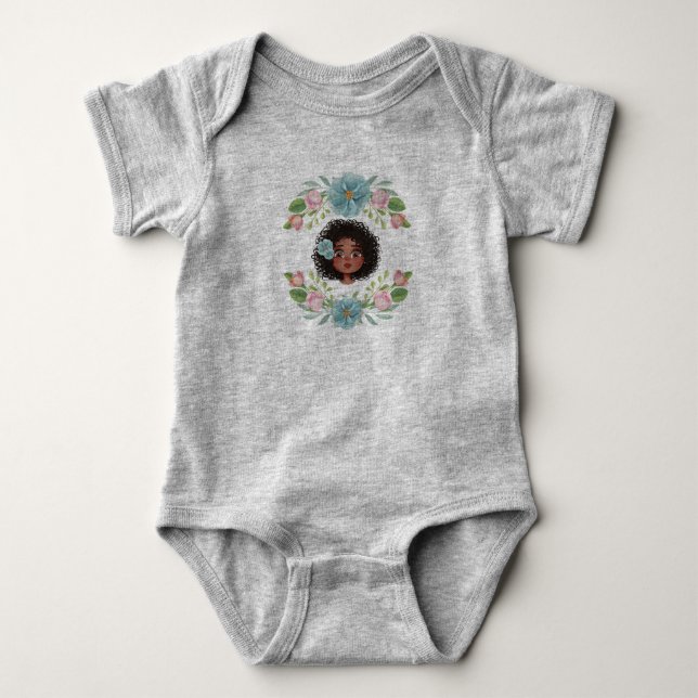 Blue, & pink flowers, baby girl grey custom baby bodysuit (Front)