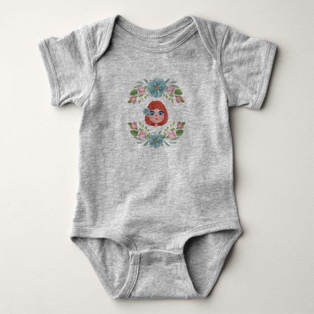 Blue, & pink flowers, baby girl grey custom bodysuit (Front)