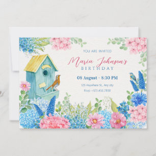 Blue pink flowers bird birthday invitation