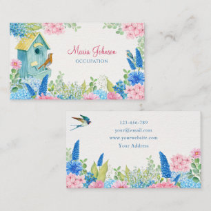 Blue pink flowers bird  business card