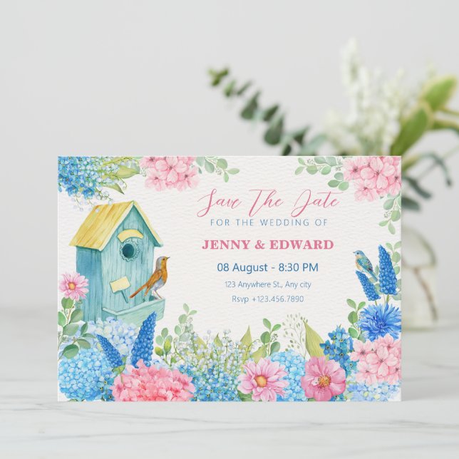 Blue pink flowers bird wedding save the date (Standing Front)