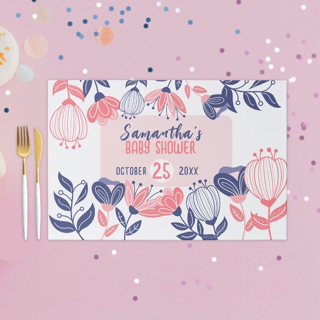 Blue Pink Flowers Botanical Baby Shower Placemat (Creator Uploaded)