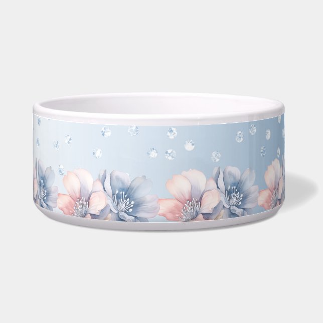 Blue Pink Flowers Ceramic Pet Bowl (Front)