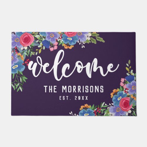 Blue Pink Flowers Family Name Purple Welcome Doormat