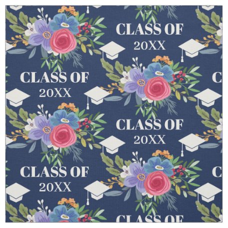 Pastel Flowers Blue Graduation Class of Pattern Fabric | Zazzle
