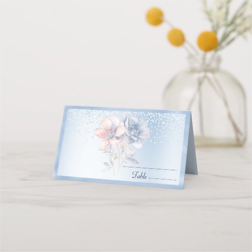 Blue Pink Flowers Place Card