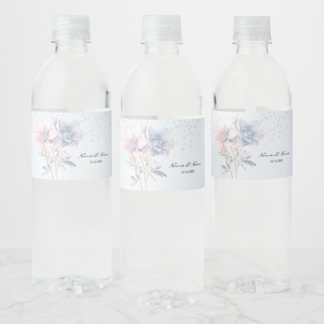 Blue Pink Flowers Water Bottle Label (Bottles)
