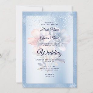Blue Pink Flowers Wedding Invitation