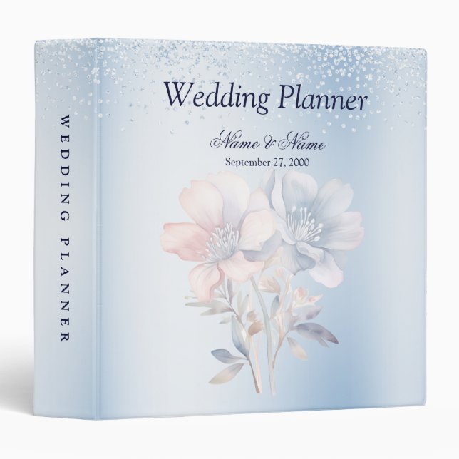 Blue Pink Flowers Wedding Planner 3 Ring Binder (Front/Spine)