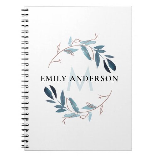 BLUE PINK FOLIAGE WATERCOLOR WREATH MONOGRAM NOTEBOOK