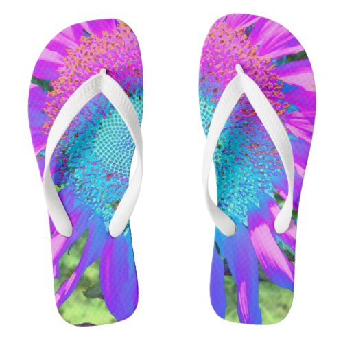 Blue pink funky retro sunflower photo flip flops