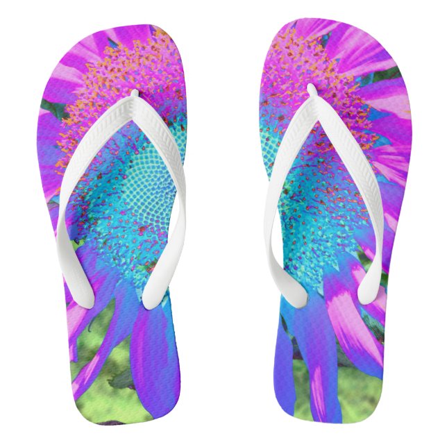 Blue pink funky retro sunflower photo flip flops (Footbed)