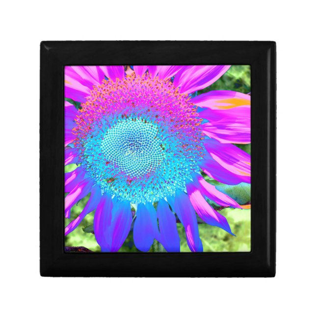 Blue pink funky retro sunflower photo jewelry box (Front)