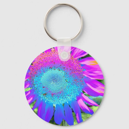 Blue pink funky retro sunflower photo keychain