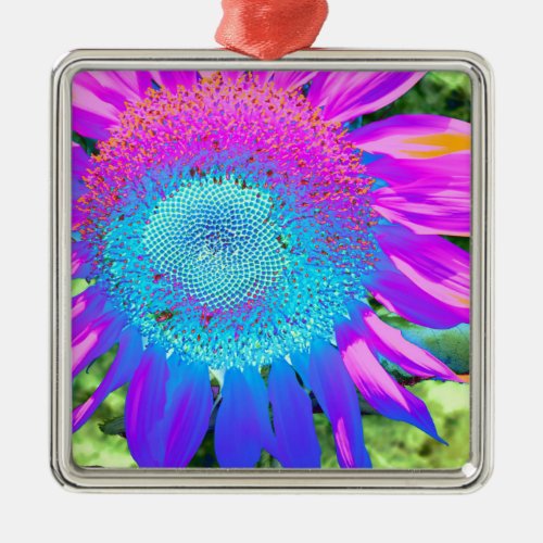 Blue pink funky retro sunflower photo metal ornament