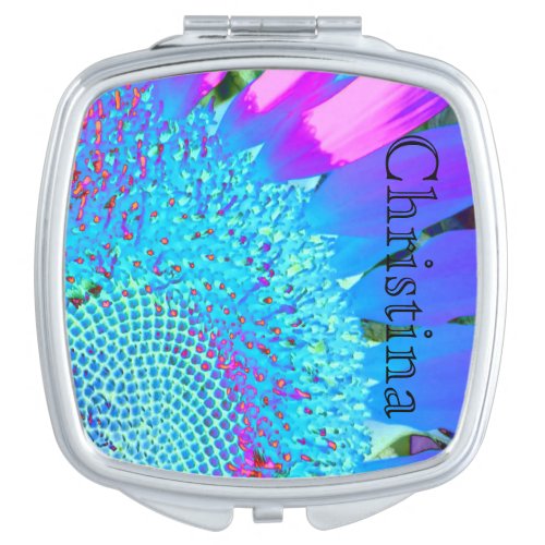 Blue pink funky retro sunflower photo mirror for makeup